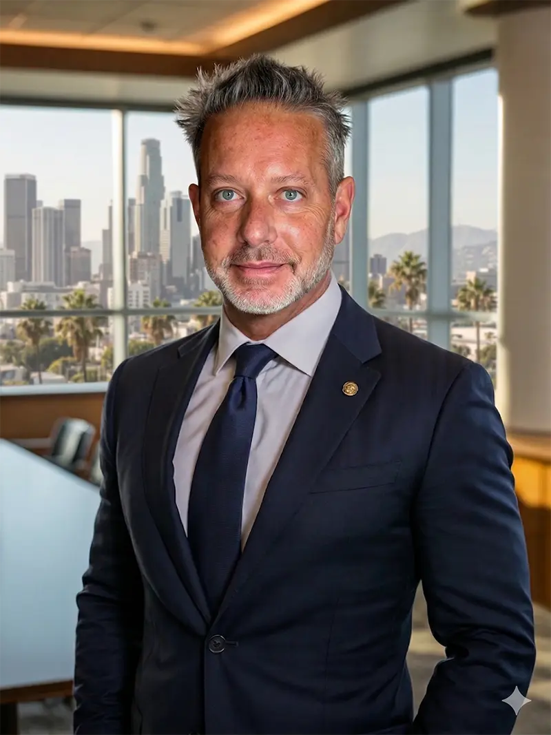 Attorney Thomas Wallin in navy suit at Los Angeles high-rise office - law firm SEO and digital marketing client